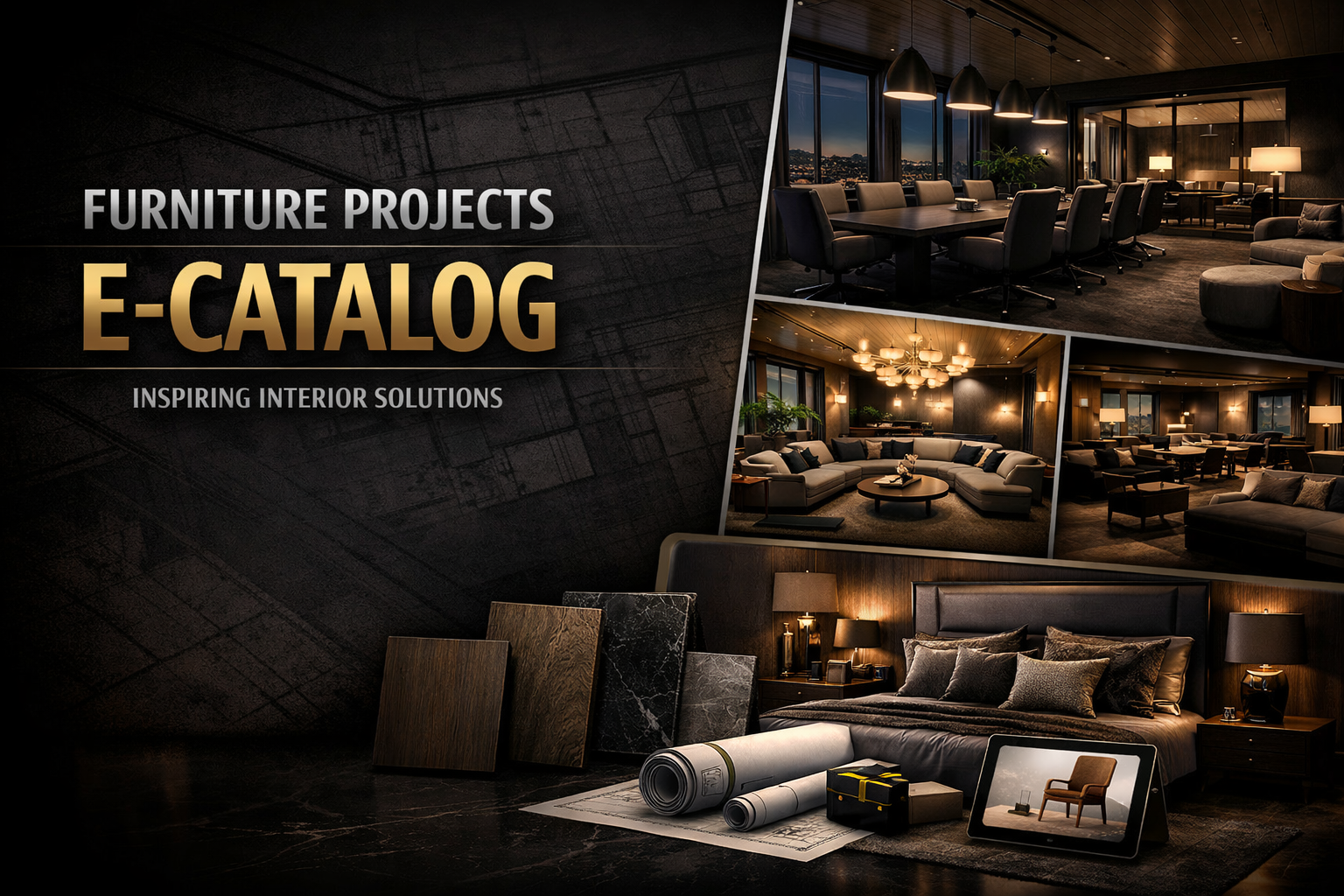 Dark premium furniture e‑catalog banner showing luxury interiors and gold text design.