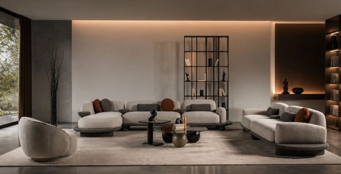 Light‑beige curved corner sofa set with accent pillows, modern coffee tables, open shelving, warm lighting, and a large window overlooking greenery.