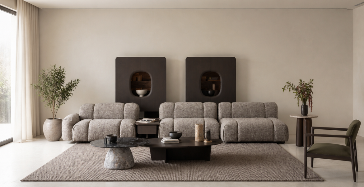 Contemporary interior featuring Bold Corner Sofa Set and green armchair.