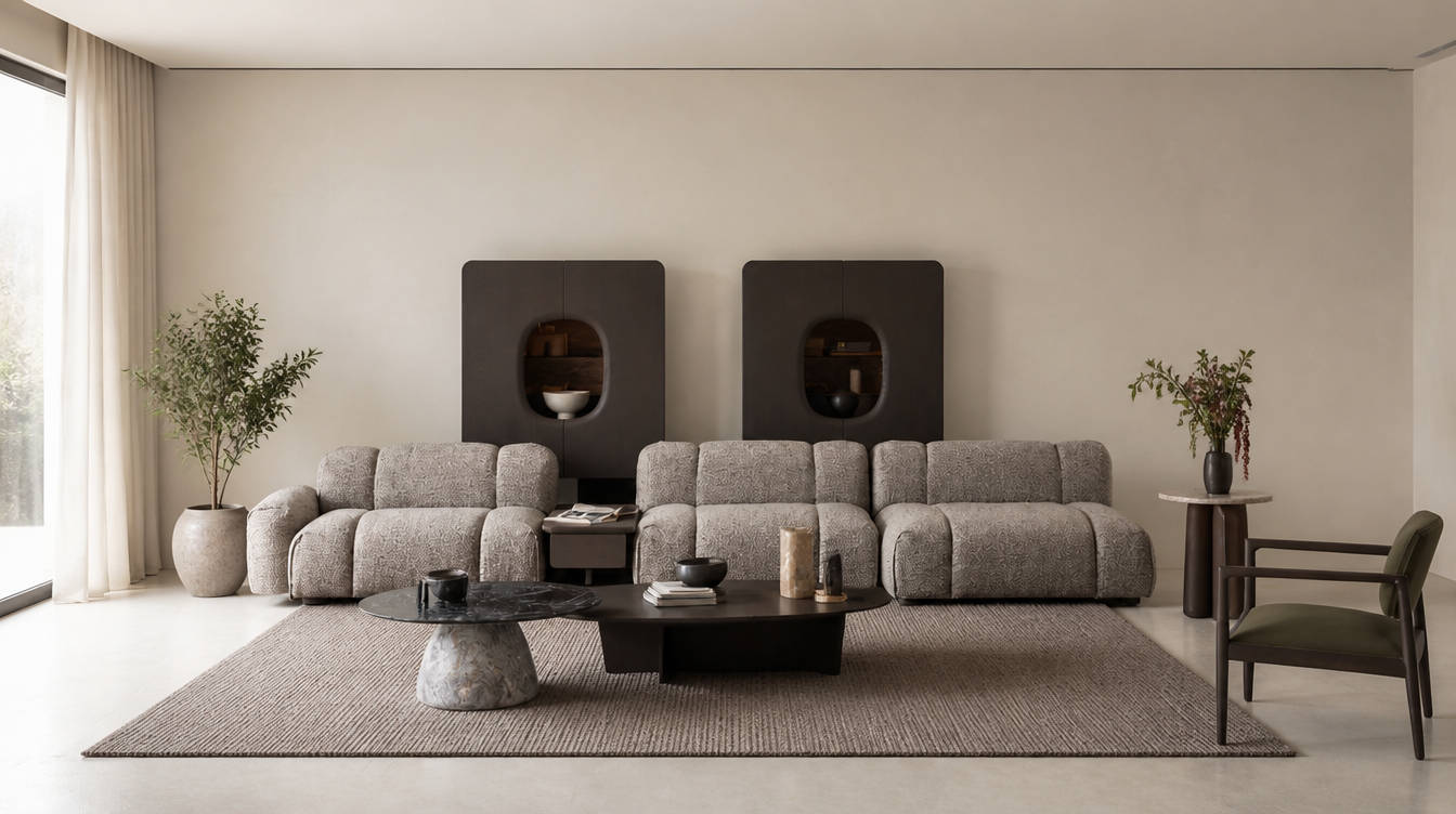 Modern living room with gray corner sofa and sculptural coffee tables.