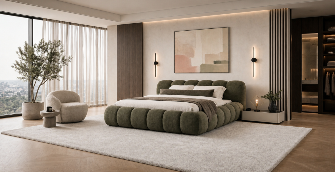 Dream Bedroom Set with rounded bed frame, warm lighting, modern wall art, armchair, and walk‑in closet.