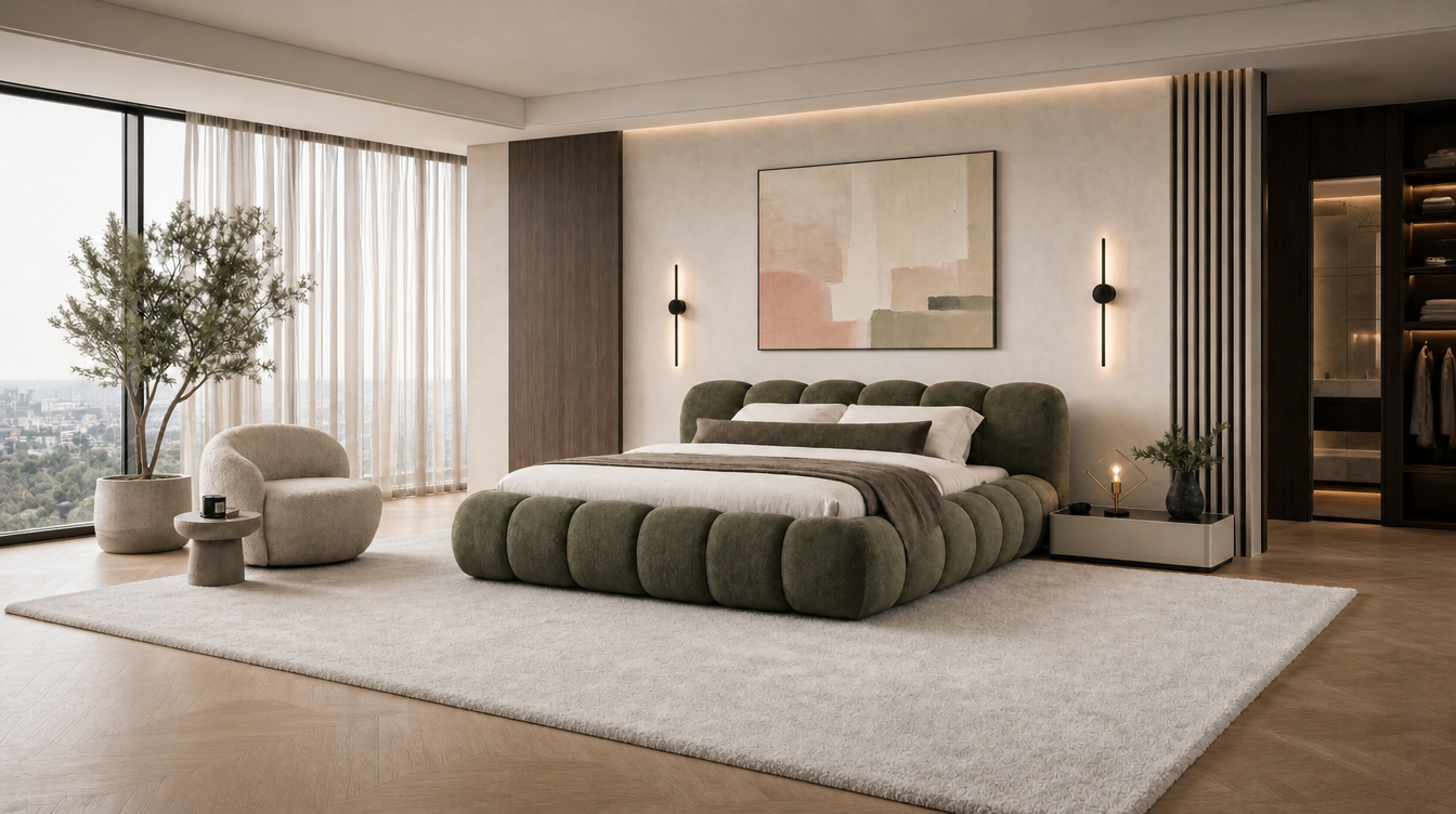 Dream Bedroom Set with rounded bed frame, warm lighting, modern wall art, armchair, and walk‑in closet.