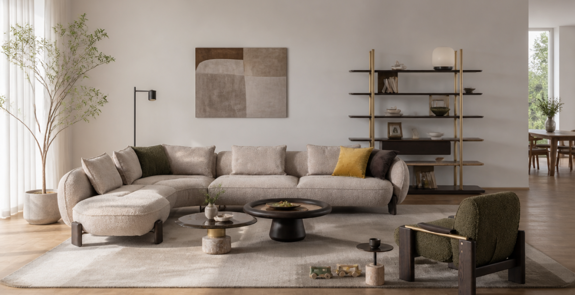 Modern living room with beige corner sofa and green armchair.