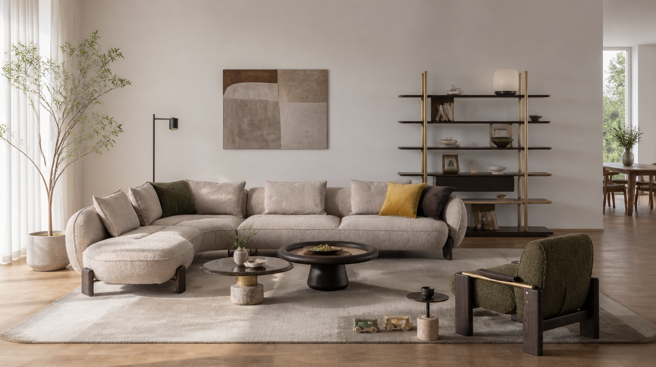 Modern living room with beige corner sofa and green armchair.