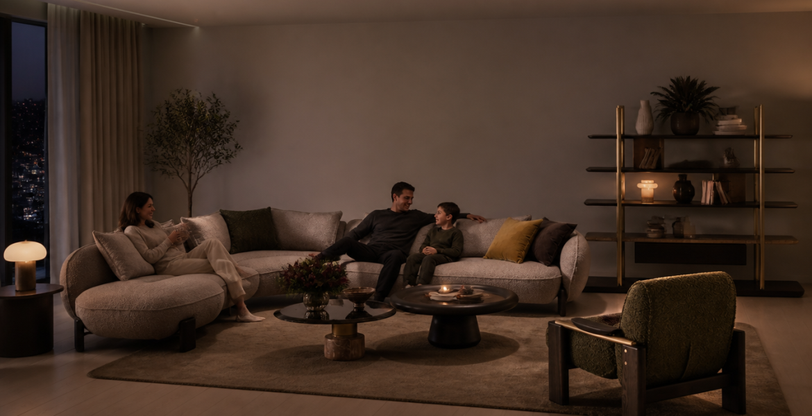 Contemporary interior featuring Eden Corner Sofa Set and round coffee tables.