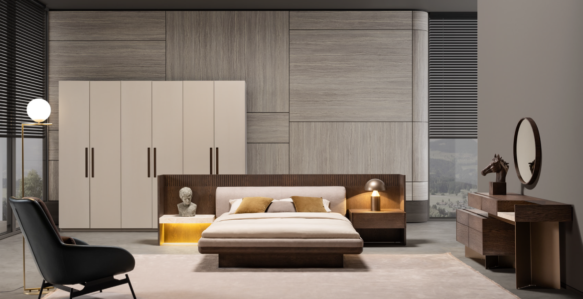 Edessa Luxury Bedroom with wooden bed frame, built‑in shelf lighting, and elegant modern accessories