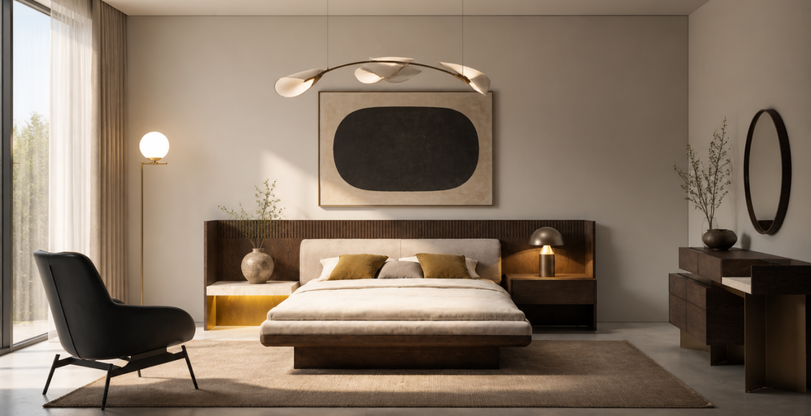 Edessa Luxury Bedroom Set with wooden headboard, warm lighting, and modern dresser with round mirror.