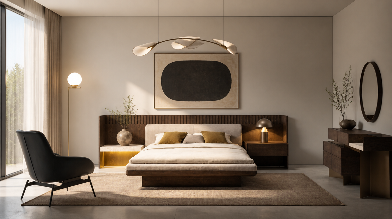 Edessa Luxury Bedroom Set with wooden headboard, warm lighting, and modern dresser with round mirror.