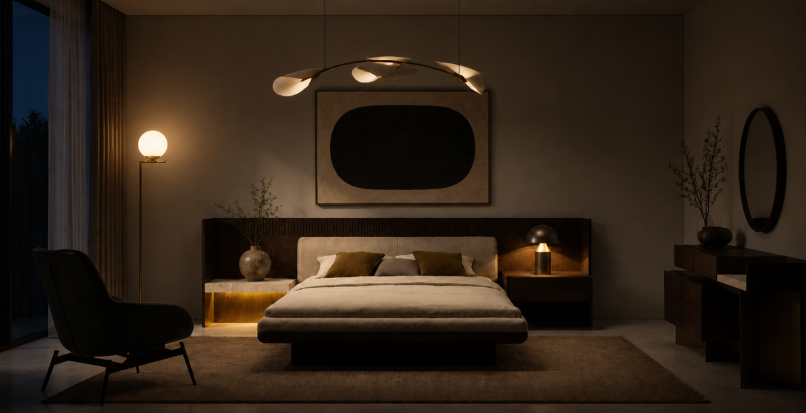 Edessa Luxury Bedroom Set with wooden headboard, warm lighting, and modern dresser with round mirror.