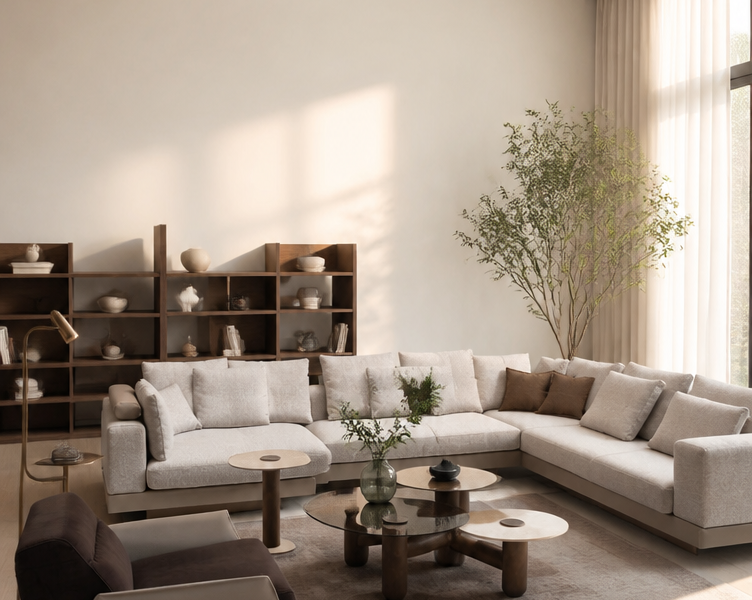 Contemporary interior featuring Edessa Corner Sofa Set and geometric bookshelf.