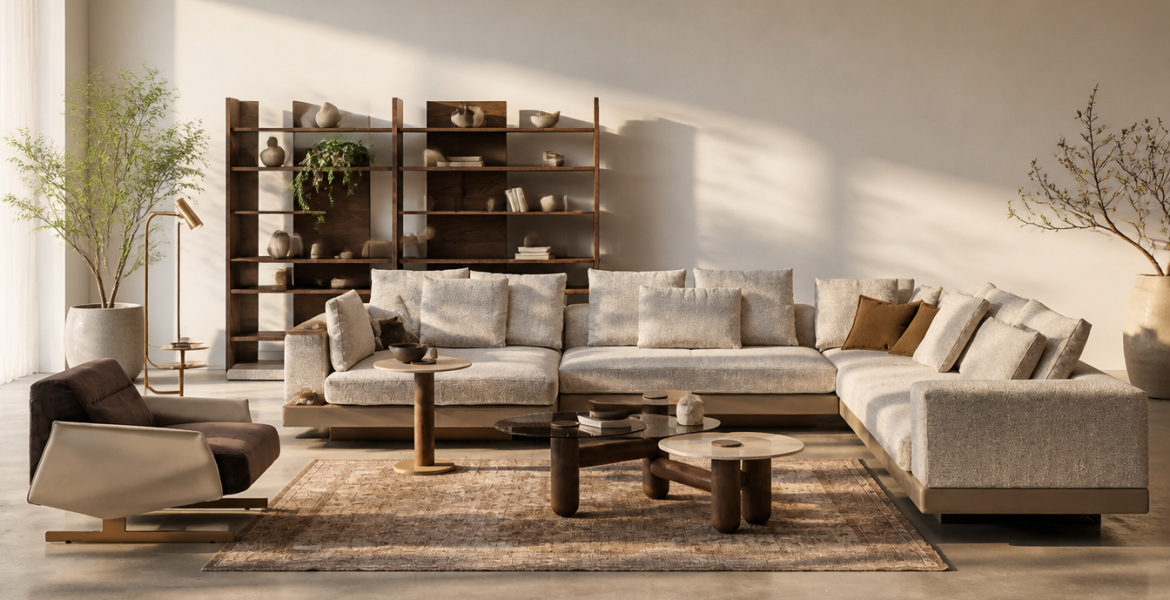 Modern living room with beige corner sofa and wooden coffee tables.