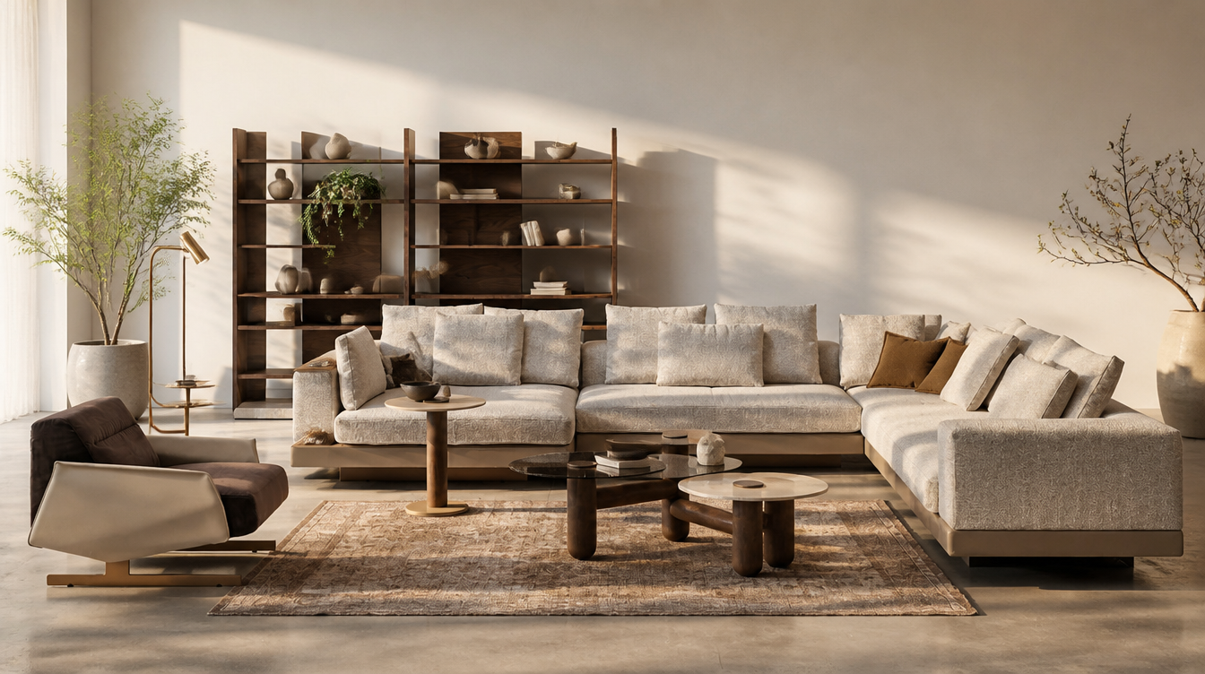 Modern living room with beige corner sofa and wooden coffee tables.