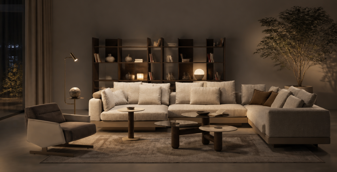 Contemporary space with rounded furniture, bronze details, and abstract framed artwork.