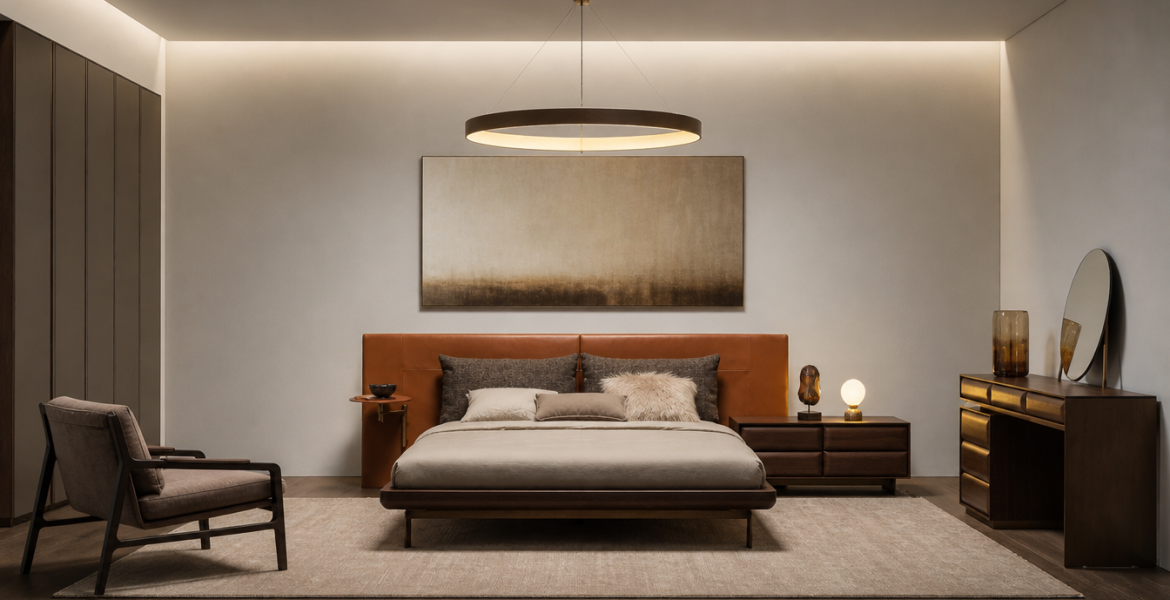 Era Luxury Bedroom Set with brown leather headboard, modern nightstands, abstract wall art, and warm ambient lighting.