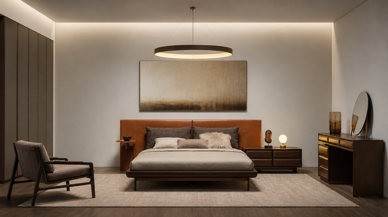 Era Luxury Bedroom Set with brown leather headboard, modern nightstands, abstract wall art, and warm ambient lighting.