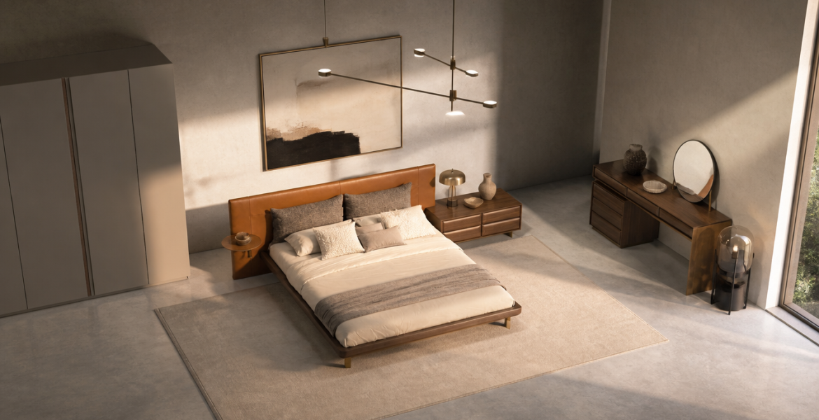 Contemporary Edessa Bedroom Furniture Set featuring beige bedding, sculptural décor, and minimalist design.