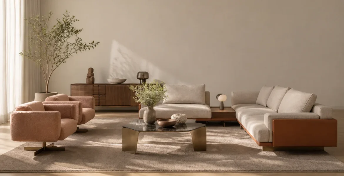 Modern living room with beige corner sofa and armchairs.