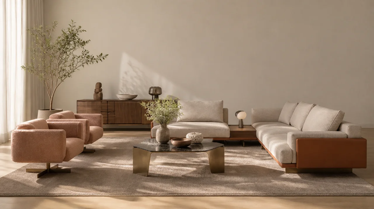 Modern living room with beige corner sofa and armchairs.