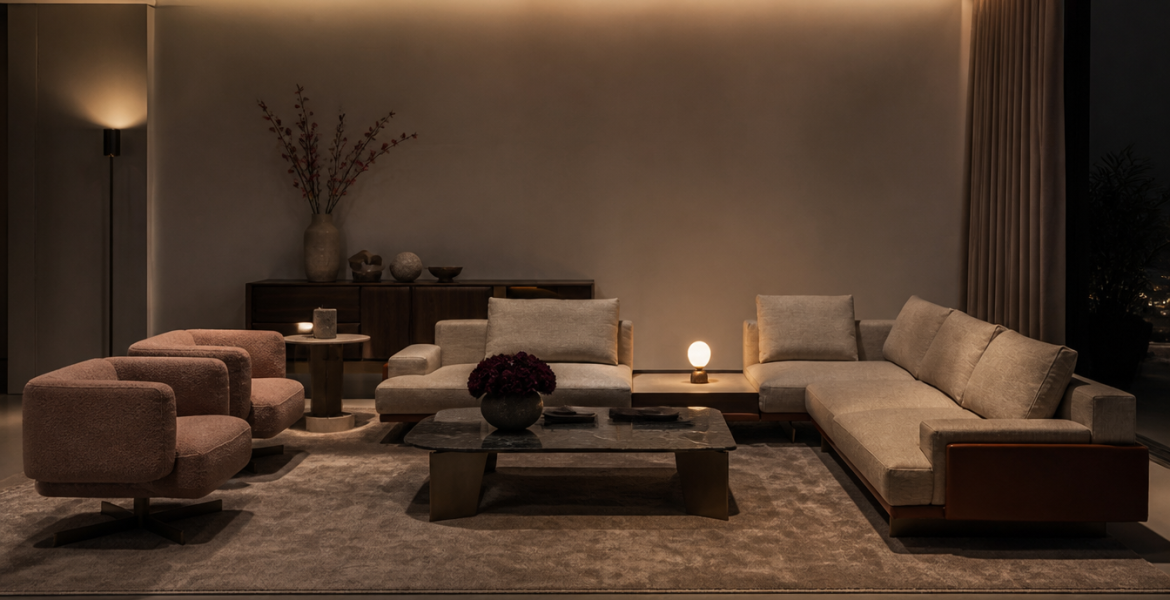 Contemporary living area featuring Era Sofa set and sculptural décor.