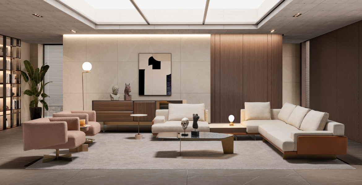 Contemporary room with neutral corner sofa and warm decorative accents.