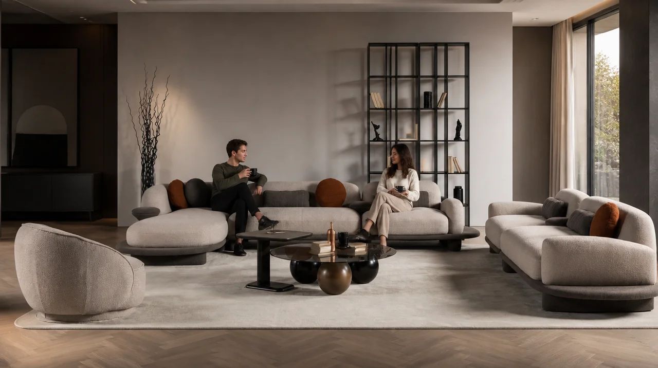 Light‑beige curved corner sofa set with accent pillows, modern coffee tables, open shelving, warm lighting, and a large window overlooking greenery.