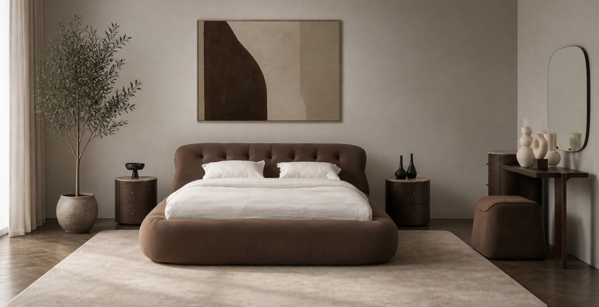 Loco Bedroom Furniture Set with tufted brown bed frame, round wooden nightstands, modern vanity table, and minimalist décor.