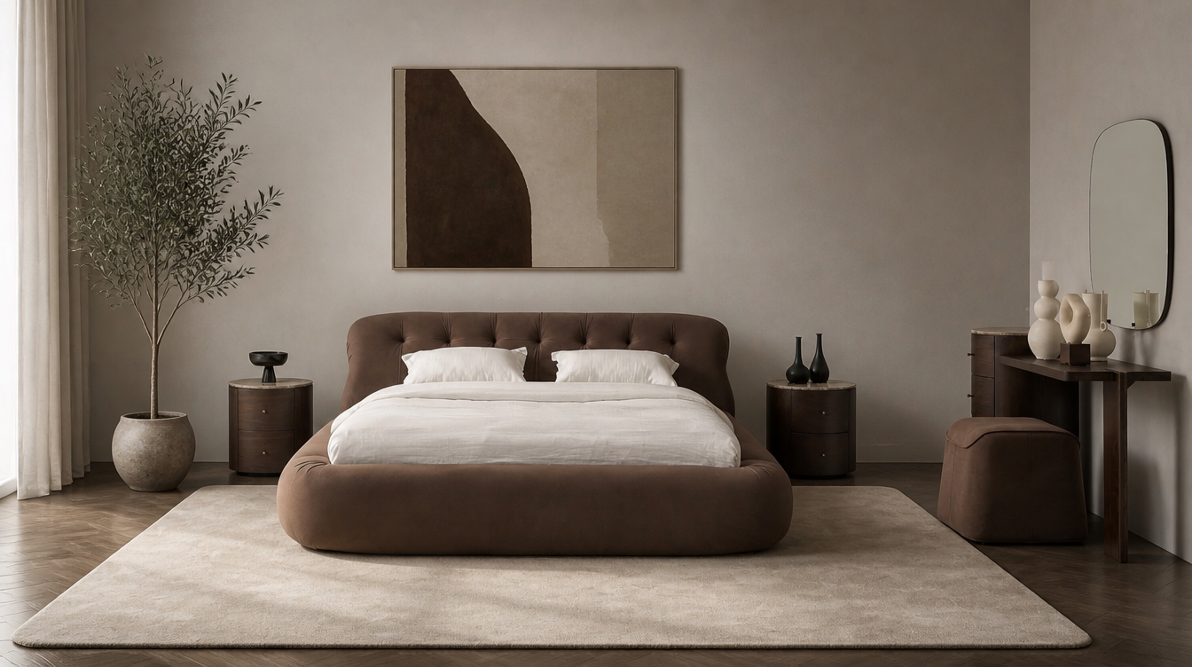 Loco Bedroom Furniture Set with tufted brown bed frame, round wooden nightstands, modern vanity table, and minimalist décor.