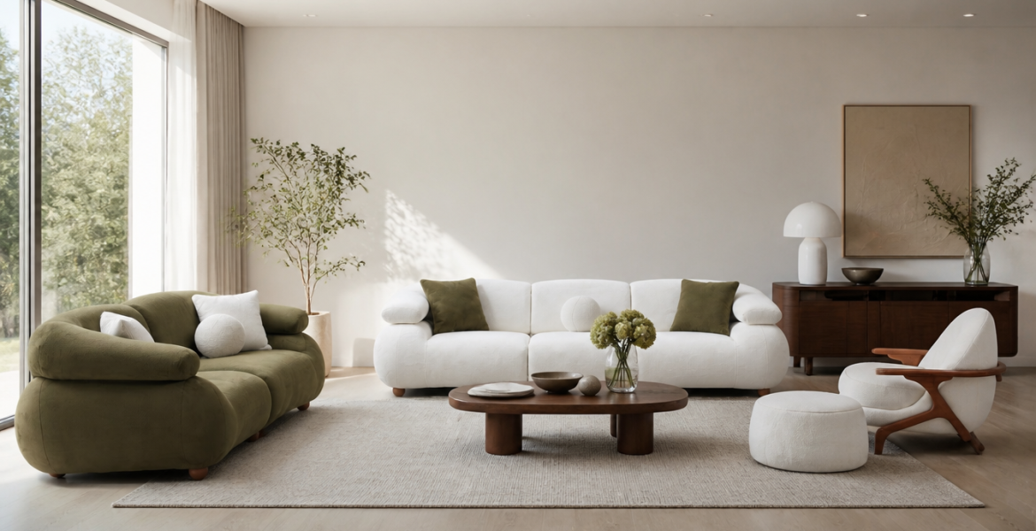 Contemporary interior featuring Luna Sofa set with cushioned armchair and warm décor.