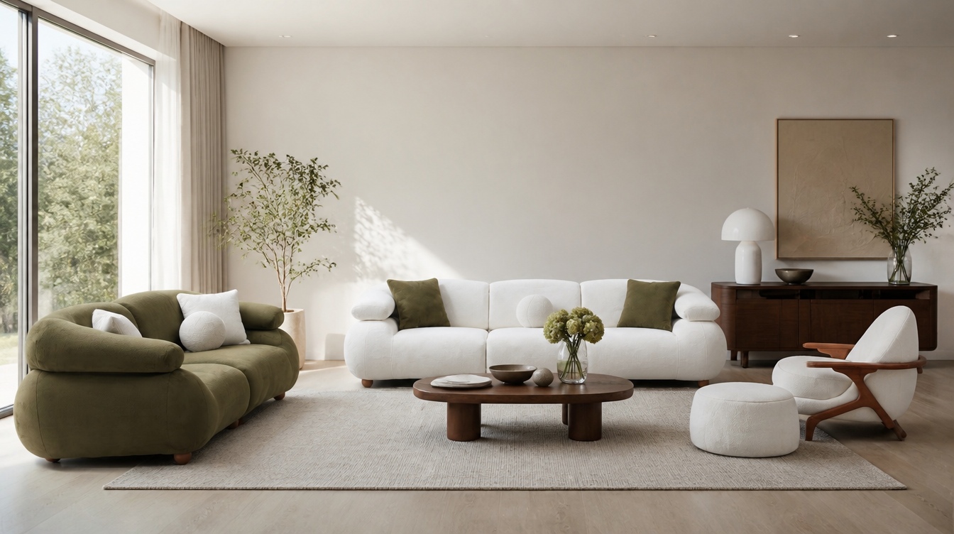 Contemporary interior featuring Luna Sofa set with cushioned armchair and warm décor.