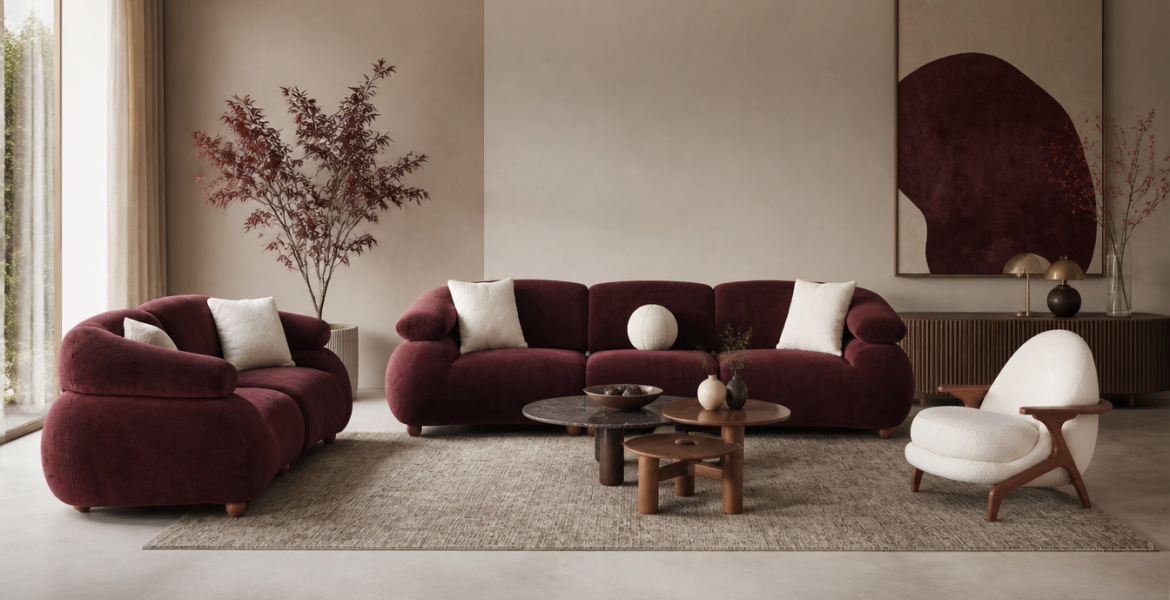 Modern living room with red and white sofas beside a wooden dining table.