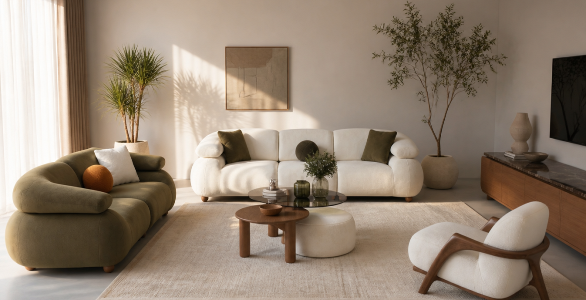 Clean interior with Luna Sofa set, wooden sideboard, and decorative plants.