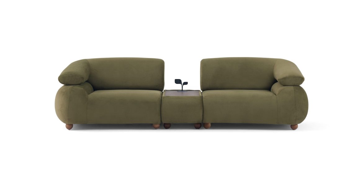 Contemporary space with Luna Sofa set and sculptural mirror above sideboard.