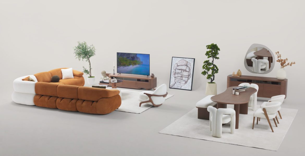 Living area with minimalist sofas, cushioned armchair, and natural décor elements.