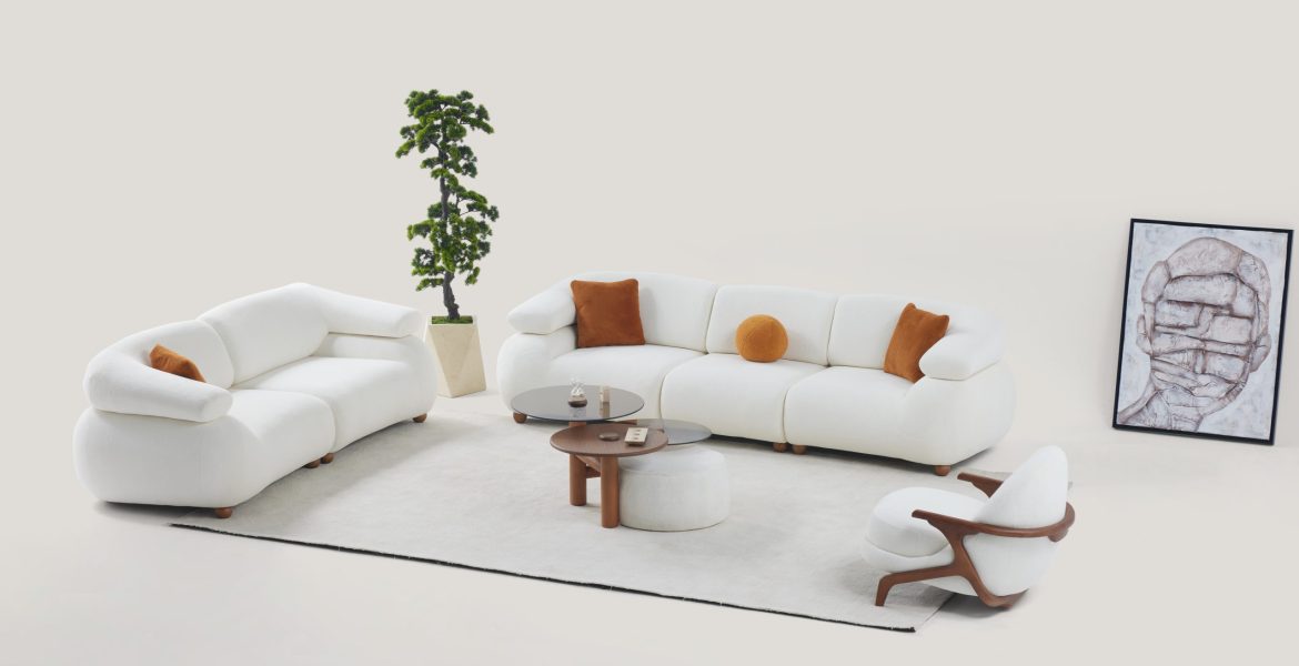 Elegant room featuring Luna Sofa set and modern dining furniture in neutral tones.