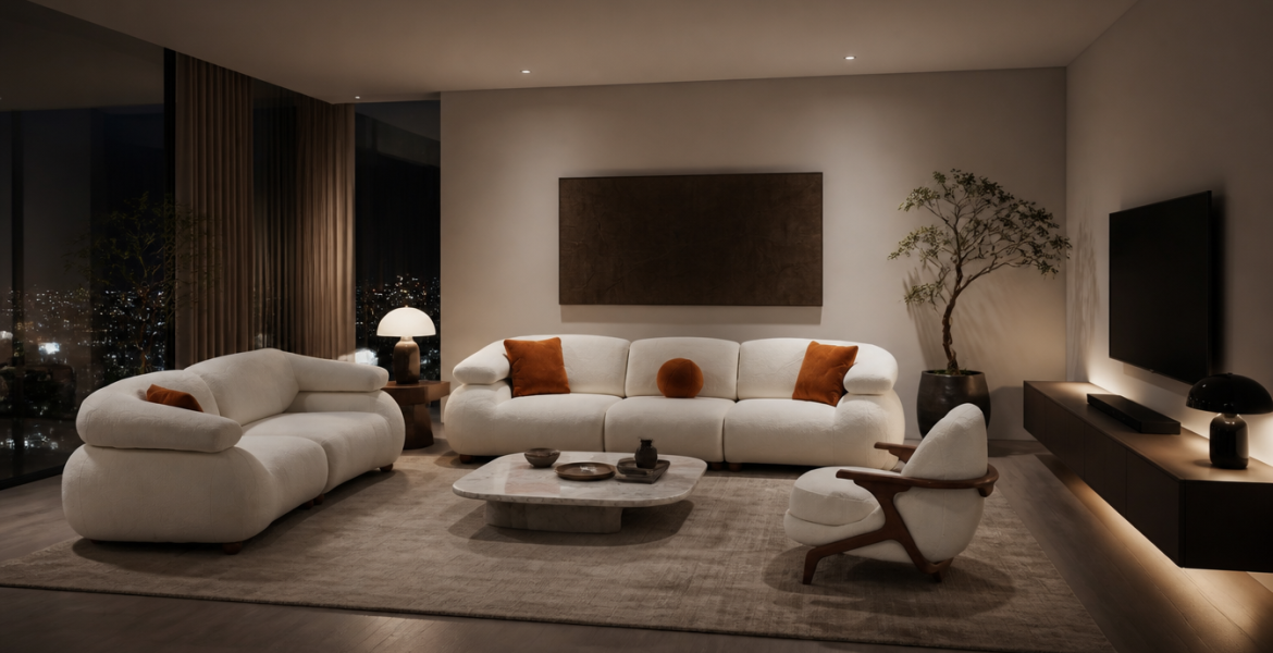 Stylish room showcasing green sofa, white sofa, and modern dining arrangement.