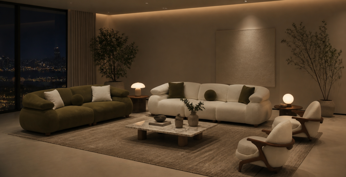 Living and dining space with minimalist sofas and wooden furniture.