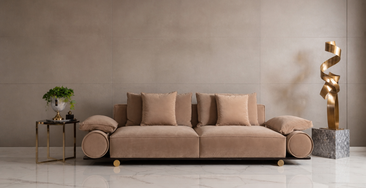Beige velvet Marion Sofa Set with matching cushions, marble flooring, gold sculpture, and minimalist modern décor.