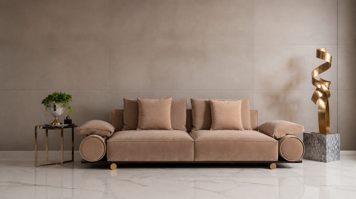 Beige velvet Marion Sofa Set with matching cushions, marble flooring, gold sculpture, and minimalist modern décor.