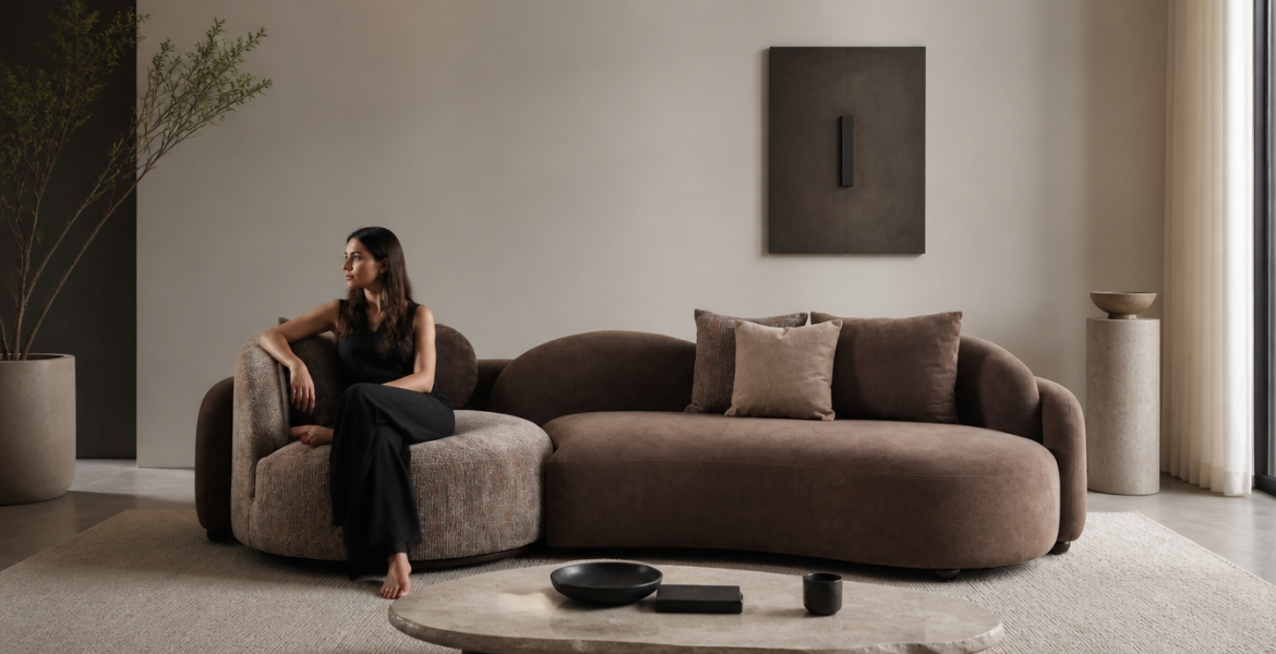 Modern curved Noah Sofa Set in beige and brown tones with a stone coffee table, minimalist décor, and warm contemporary styling.