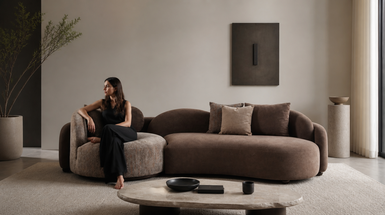 Modern curved Noah Sofa Set in beige and brown tones with a stone coffee table, minimalist décor, and warm contemporary styling.