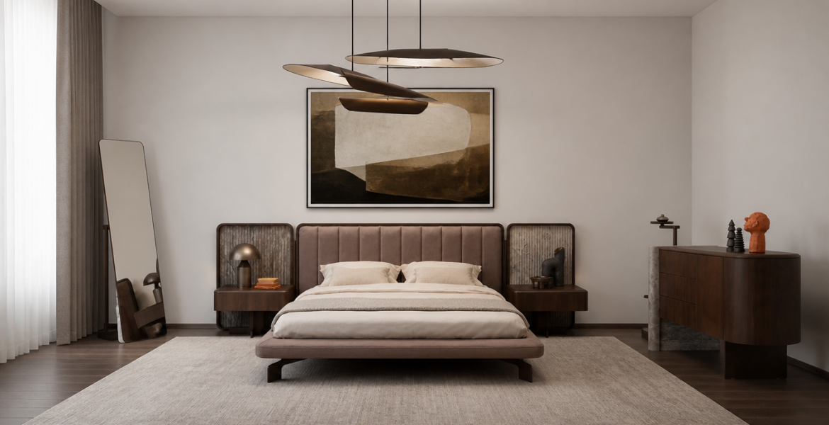 Odeon Bedroom Furniture Set with upholstered bed, wooden nightstands, tall mirror, curved dresser, and minimalist décor.