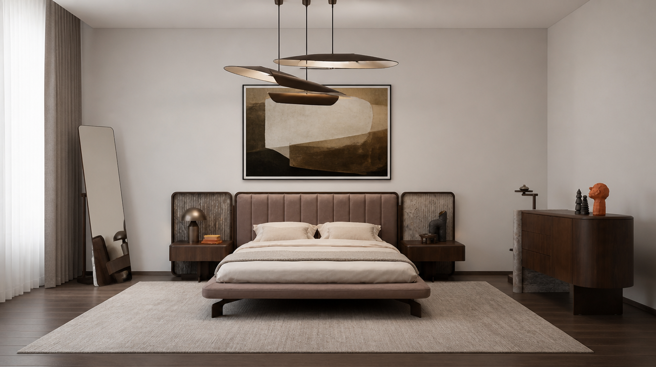 Odeon Bedroom Furniture Set with upholstered bed, wooden nightstands, tall mirror, curved dresser, and minimalist décor.