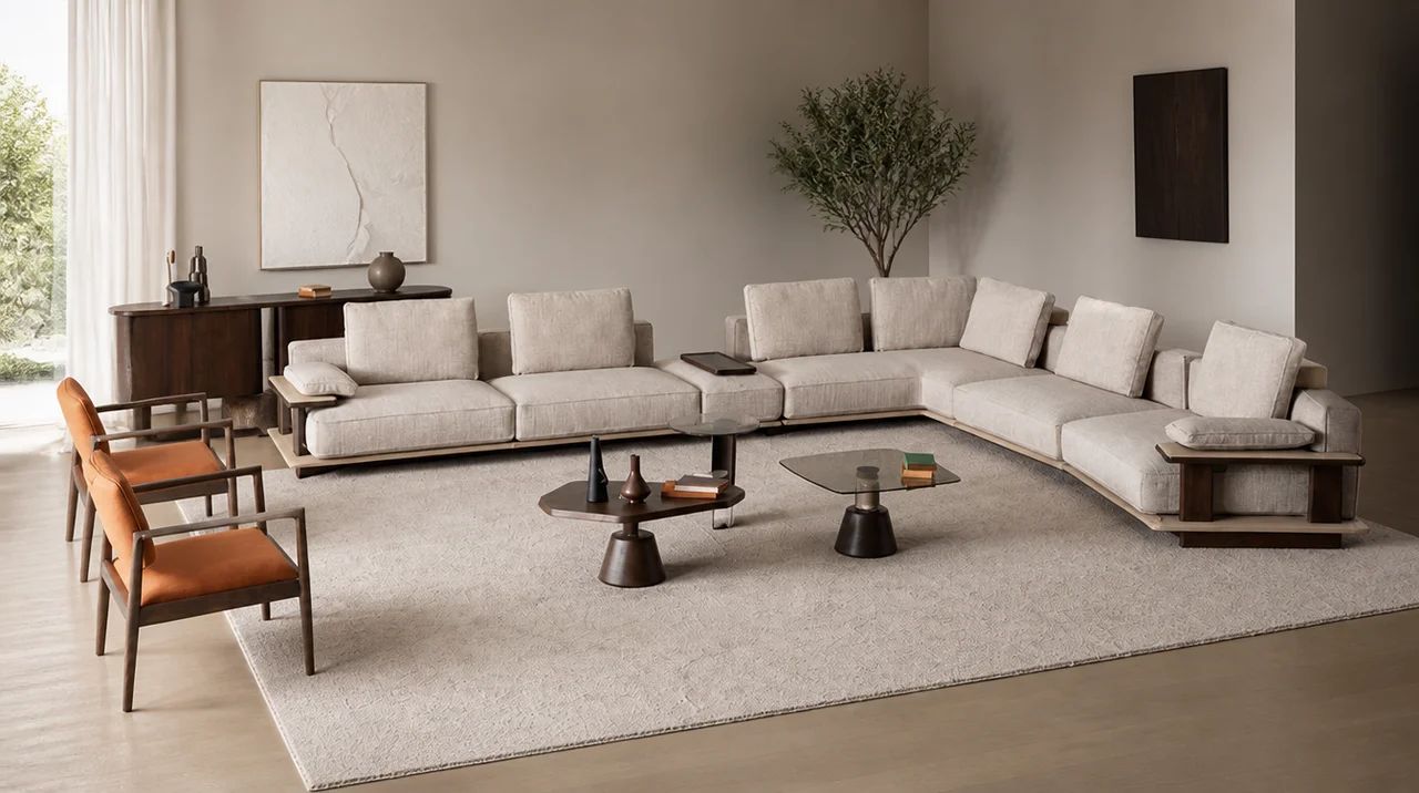 Light‑beige L‑shaped corner sofa with wooden base, dark wood coffee tables, orange‑cushioned armchairs, and minimalist décor in a modern living ro