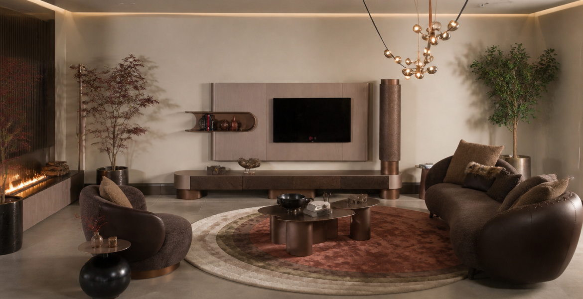 Modern living room with curved brown leather sofa and matching armchair beside warm lighting.