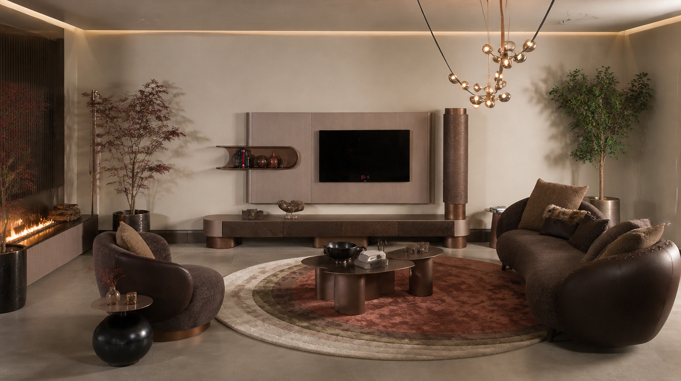 Modern living room with curved brown leather sofa and matching armchair beside warm lighting.