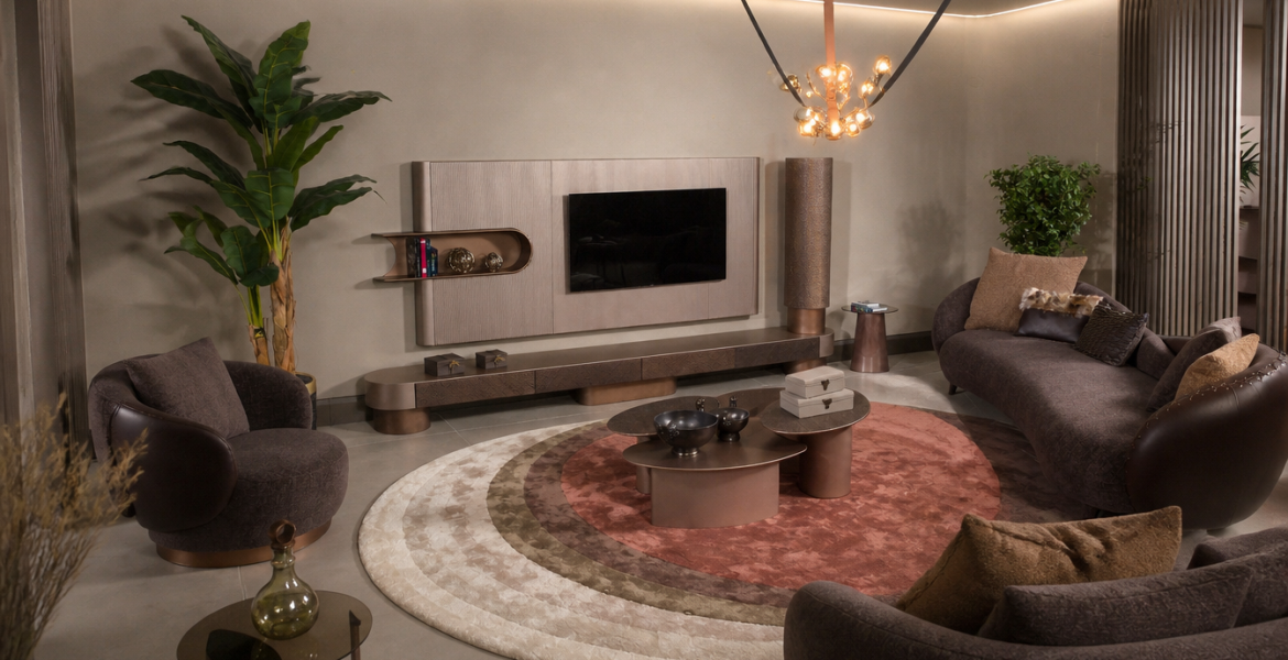 Premium leather seating arranged with bronze tables and soft LED lighting accents.