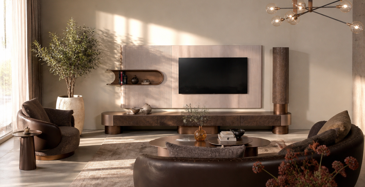 Leather sofa set displayed in a modern interior with fireplace, plants, and round tables.