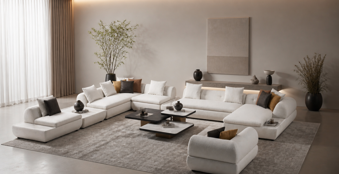 Modern living room with white modular corner sofa and stacked coffee tables.