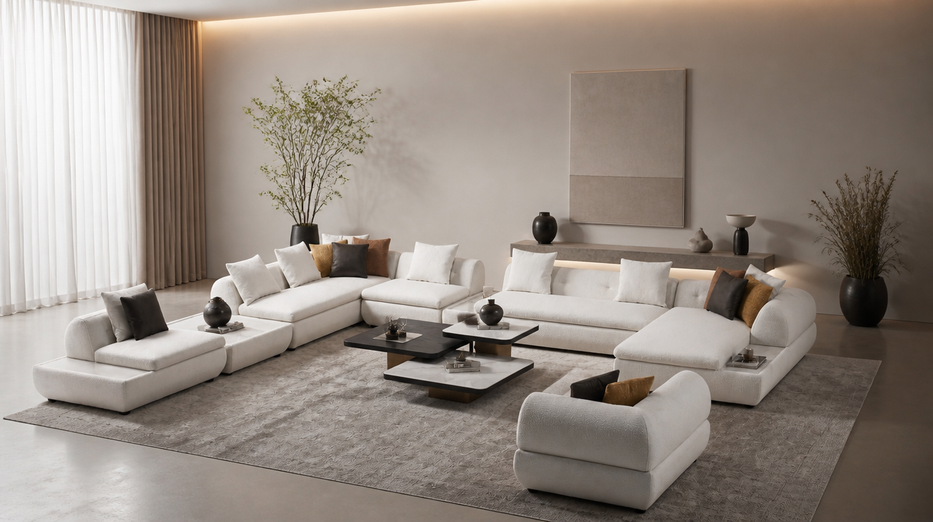 Modern living room with white modular corner sofa and stacked coffee tables.