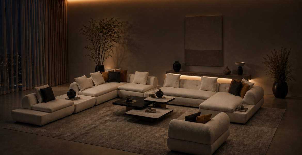 Contemporary interior featuring Petra Luxury Corner Sofa Set and sculptural p
